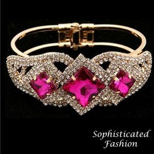 Elegant Fuschia Gold 3 Diamond Cuff Bracelet